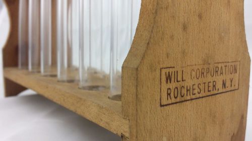 &#034;The Will Corporation&#034; Vtg Wood Laboratory Test Tube Rack 12 Capacity and Tubes