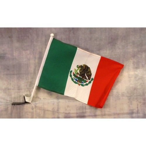2 MEXICO CAR FLAGS 12x15x16-1/2&#034; Window Roll Up Banners / poles (two)