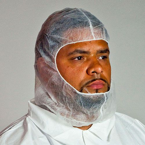 White latex free polypropylene hood with elastic face enclosure, case of 100 for sale