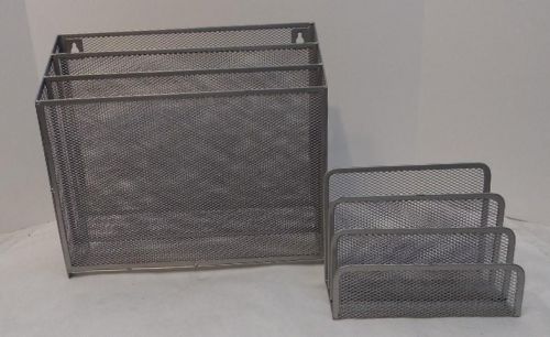 Set of 2 silver metal mesh 3 slot vertical desk file and mail organizers for sale
