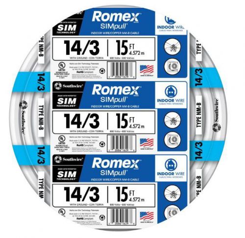 Romex simpull 15-ft 14-3 nm-b gauge indoor electrical non-metallic wire cable for sale