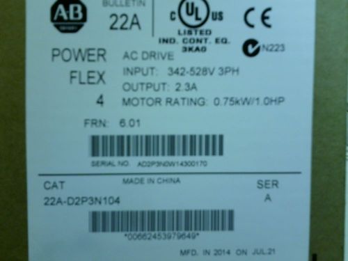 Allen Bradley PowerFlex 4, 1HP 22A-D2P3N104 New in Factory Sealed Box