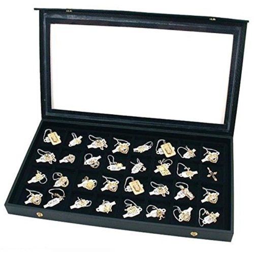 Black Plastic Earring Jewelry Display Case 32 Slots Clear Top for Home Organi...