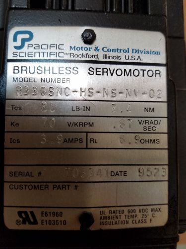 Pacific Scientific BRUSHLESS SERVOMOTOR, R33GSNC-HS-NS-NV-02