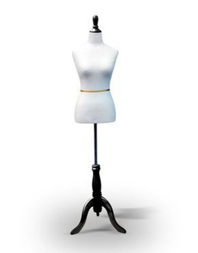 White Female Dress Form on Black Tripod Wooden Base Size 2-4 Small 33&#034; 24&#034; 34&#034;