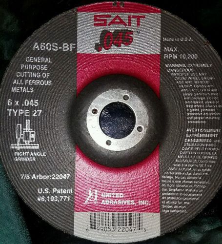 UNITED ABRASIVES-SAIT 22047 Abrsv Cut Whl, 6&#034; D, 0.045&#034; T, 7/8&#034; AH