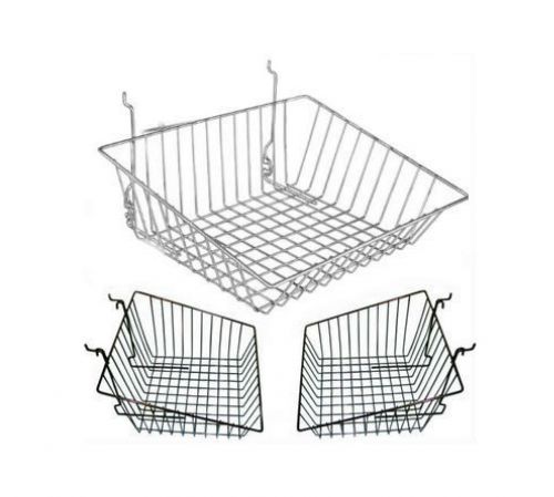 NEW SLATWALL WIRE SLOPING BASKET 15&#034; x 5&#034; x 12&#034; STORE DISPLAY IN CHROME &amp; BLACK