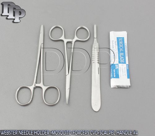 WEBSTER NEEDLE HOLDER 5&#034;+MOSQUITO FORCEPS CRV 5&#034;+SCALPEL HANDLE #4+5 BLADES #22