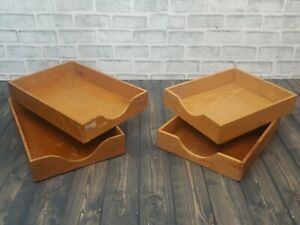 LOT 4 Vintage Wood Desk Organizer MIX Tray Dovetail Wood Office In Out Box