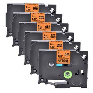 6PK Tape Label TZe-B11 TZ-B11 Black on Fluo Orange 6MM For Brother PT18R