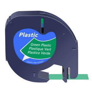 1PK Black on Green Plastic Label Tape for DYMO Letra Tag LT 91334 12mm x 4m 1/2&#034;