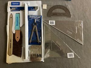 Vintage Staedtler Drafting Design Kit 15 Pieces Erasers Shield Compass Triangles