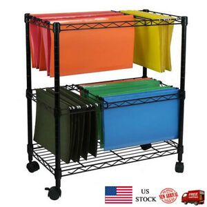 2-Tier Metal Rolling Mobile File Cart Letter Storage Rack for Office Supplies