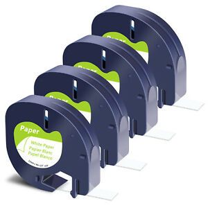 4PK Paper Tape Label Ribbons for DYMO LetraTag QX50 91330 12mm Black on White