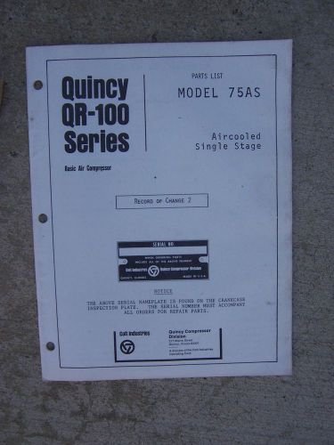 1975 Quincy QR-100 Series Model 75AS Air Cooled Air Compressor Parts List R