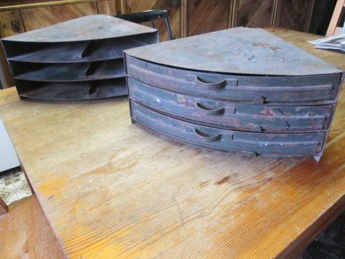 (2) Vintage Industrial Age Parts Bins 3 Draw Organizer Corner Pie Slice Shape