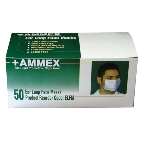 AMMEX EAR LOOP FACE MASKS 50 PER BOX, 12 BOXES