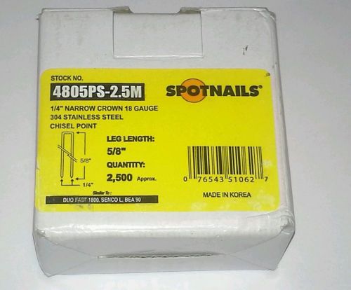 New 4805ps-2.5m spotnails 1/4&#034; narrow crown 18ga ss chisel point 5/8 long 2500pc for sale