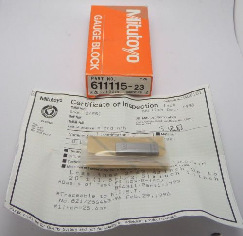 MITUTOYO Gauage Block 611115-23 Size .150in Grade FS 2  Brand-New Sealed w/ COA