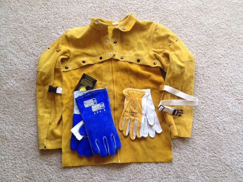 Large leather welding jacket and two pair of gloves, new or like new. for sale