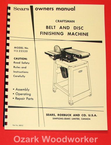 Craftsman 6&#034; Belt and Disc Sander 113.22520 Operation &amp; Parts Manual 1045