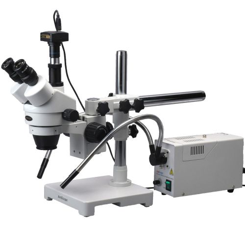 Fiber light trinocular boom microscope 3.5x-90x + camera for sale