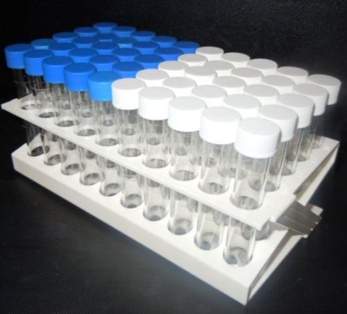 50 x 10ml graduated plastic test tube with tops and tray, 96x16mm ?, leak proof for sale