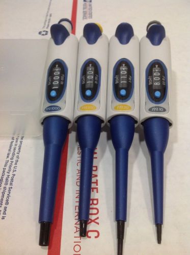 Set of 4 Biohit mLINE Single Channel Pipette M10, M20, M200, M1000, #3