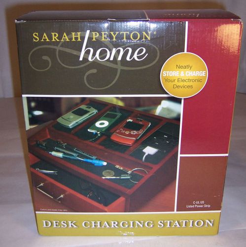 NEW Desk Charging Station w/ 6 Outlet Power Strip Wood Storage Home Office