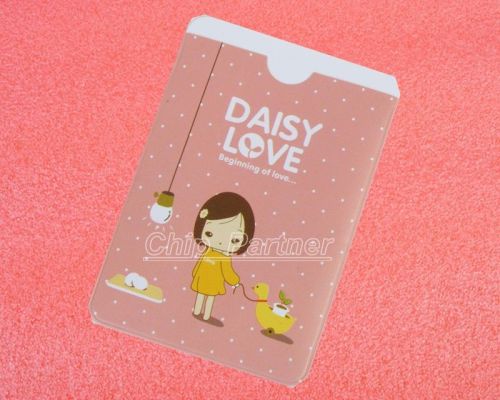 Cartoon Girl Holding Duck Bus IC ID Smart Credit Card Skin Cover Holder Bag Pink