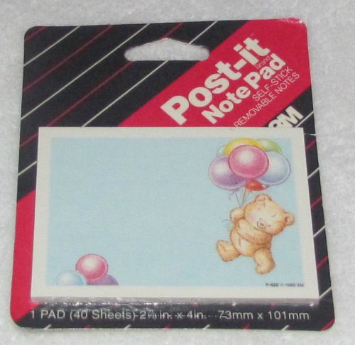 NEW! VINTAGE 1990 BEAR WITH BALLOONS 3M POST-IT NOTES PAD 40 SHEETS 2-7/8&#034; x 4&#034;