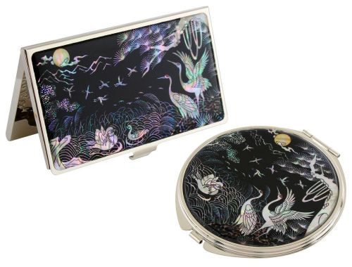 Nacre love birds Business card holder case Makeup compact mirror gift set #41