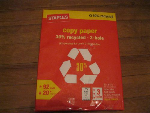 Staples® 30% Recycled Copy Paper, 8 1/2&#034; x 11&#034;, 3-HOLE PUNCHED, Ream