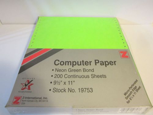 Continuous Feed Computer Paper 9 1/2 x 11, Neon Green Bond, 200 sheets