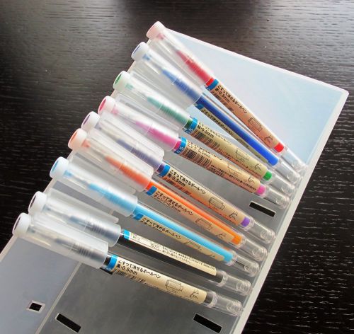 Muji erasable 9 ballpoint pens (0.5mm x 8 colours, 2 blacks) made in japan moma for sale