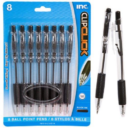Clip Click Ball Point 1.0 mm Medium Retractable Black Ink Pens 8 Pack