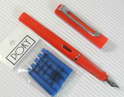 JINHAO 599B Fountain pen RED plastic barrel +5 POKY cartridges BLUE ink