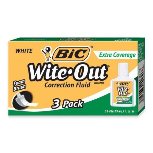 BIC Wite-Out Extra Coverage Correction Fluid - 0.68 fl oz - White - 3 / Box