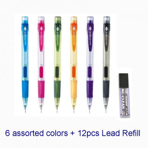 6pc digital clique mechanical barrel pencil 0.7 mm + 12pc lead refill assorted for sale
