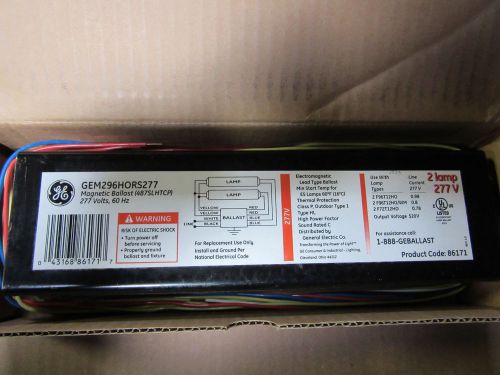 Ge gem296hors277 ballast 277 volts (487slhtcp) for (2) f96t12ho lamps new!!! for sale