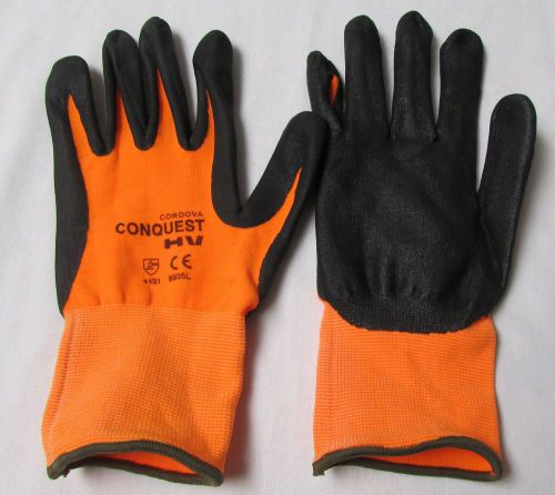 Work gloves hi viz orange spandex shell black nitrile polyurethane palm sz lge for sale
