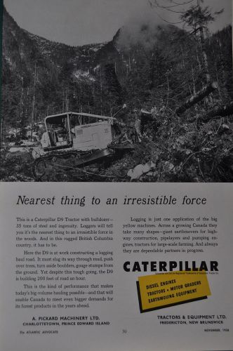 1958 CATERPILLAR D9 advertisement, Bulldozer clearing land, Canadian ad