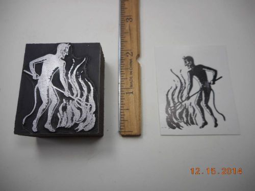 Letterpress Printing Printers Block, Devil w Pitchfork stokes Hell&#039;s Fire