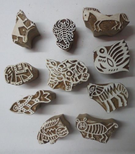 LOT OF 10 WOODEN HAND CARVED TEXTILE PRINTING FABRIC STAMP ANIMAL DESIGN PATTERN
