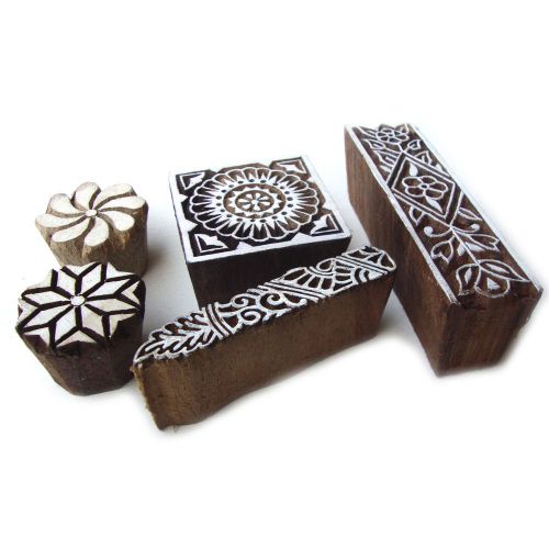 Multi Floral Designs Hand Carved Wooden Tags for Bock Printing (Set of 5)