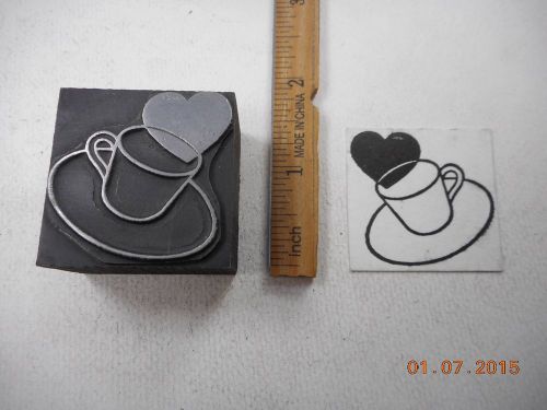 Letterpress Printing Printers Block, Valentine Heart above Cup w Saucer