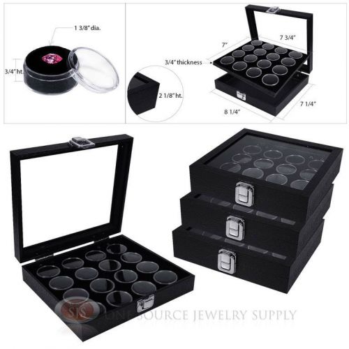 (4) Black 16 Gem Jar Inserts w/ Glass Top Display Cases Gemstone Storage Jewelry