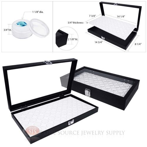 (2) black wooden glass top display cases w/ 2 white 50 gem jar gemstone inserts for sale