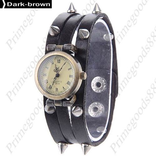 Metal rivets pu leather quartz wrist lady ladies wristwatch women&#039;s dark brown for sale