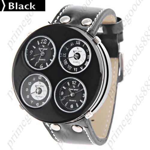 4 Time Zone Round Quartz Analog Wide Wrist Men&#039;s Free Shipping Wristwatch Black